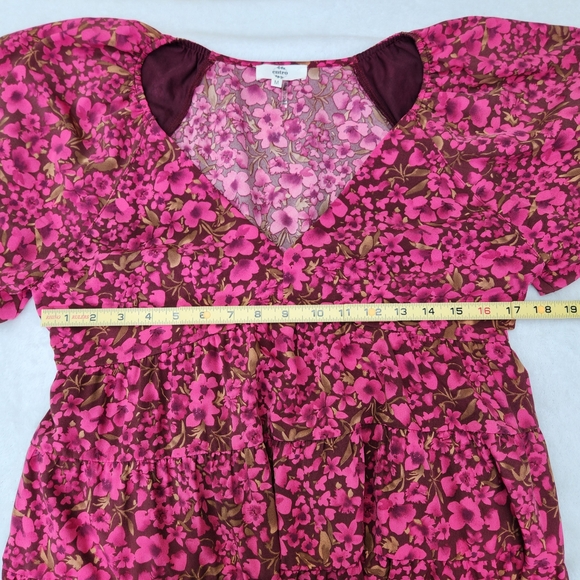 Entro floral Print V- Neck Bubble Sleeve Mini Dress Burgundy Size M - Picture 12 of 15